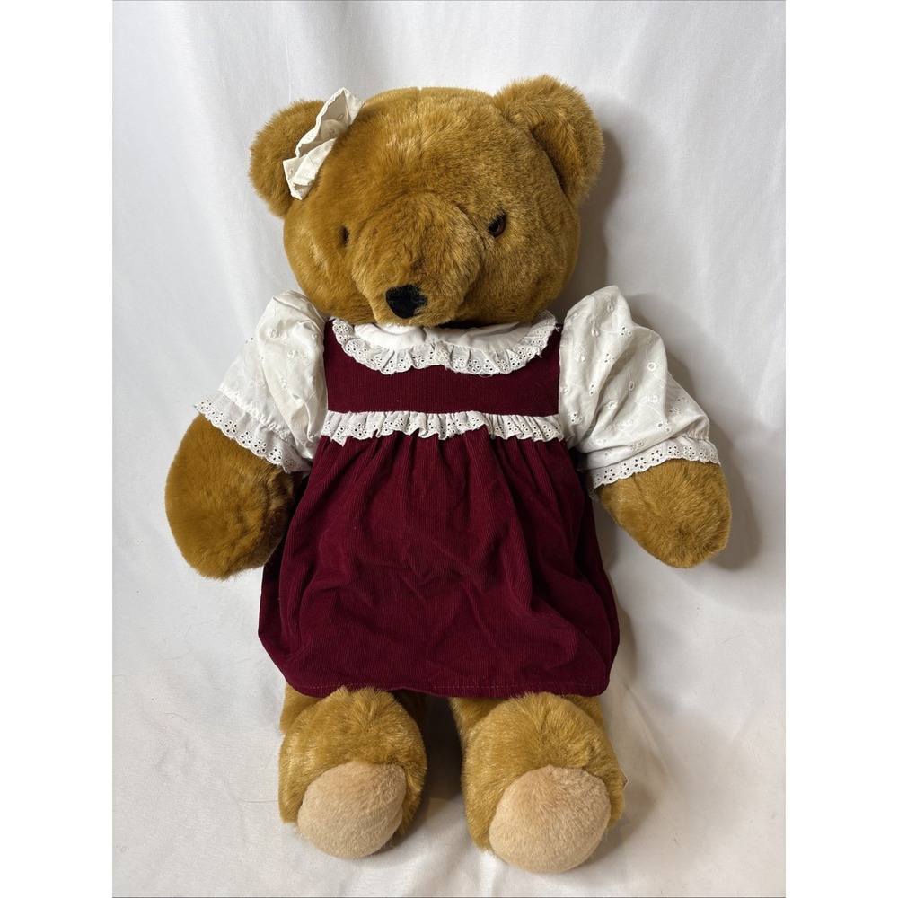Vtg 80s "Folktails" Folkmanis Plush Brown Bear Puppet Molly With Bow & Dress 21"